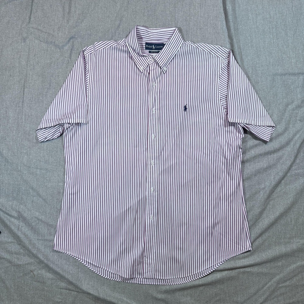 Ralph Lauren Shirt Mens Extra Large XL‎ 17 Pink Striped Custom Fit Short Sleeve
